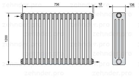 Схема (чертеж) Радиатор Zehnder Charleston 4120/16 №1670 Белый глянцевый RAL 9016